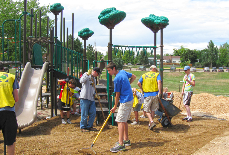 park-volunteer Group of volunteers working at a playground.