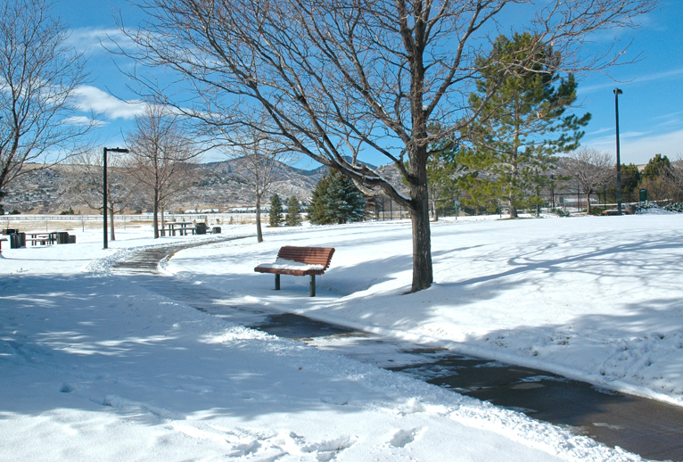 Snowy park scene with plowed trail and bench.