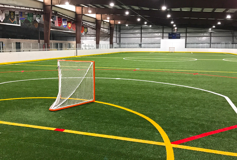 Synthetic turf field with goal in the Foothills Fieldhouse.