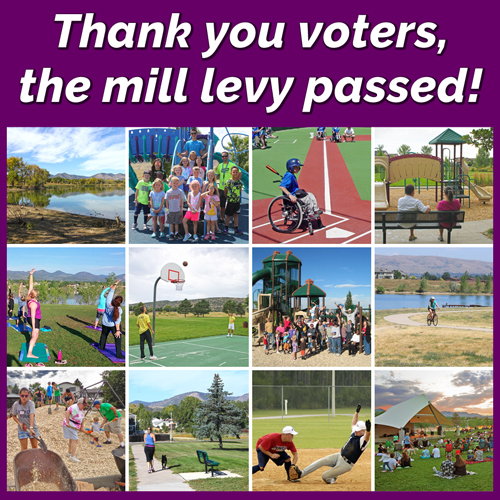 "Thank you voters, the mill levy passed" with collage of park images.