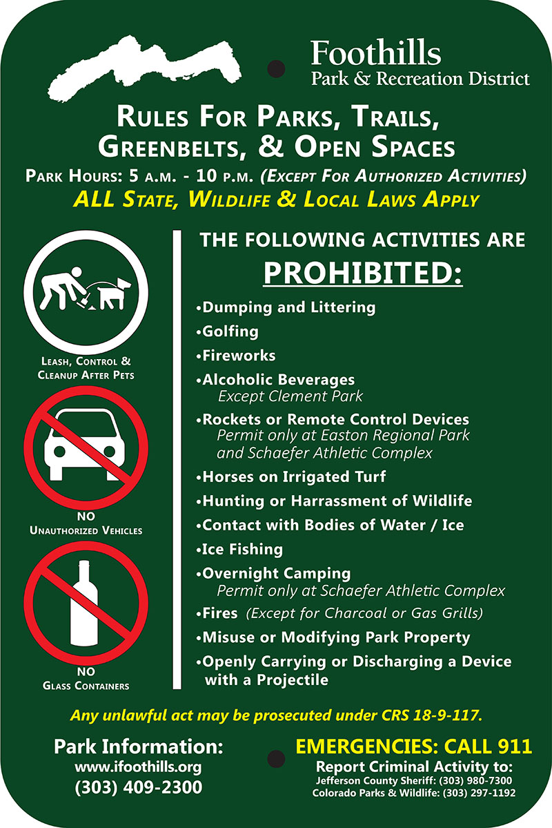 Image of the park rules signs in all Foothills parks. Full content on the sign is included on the webpage.