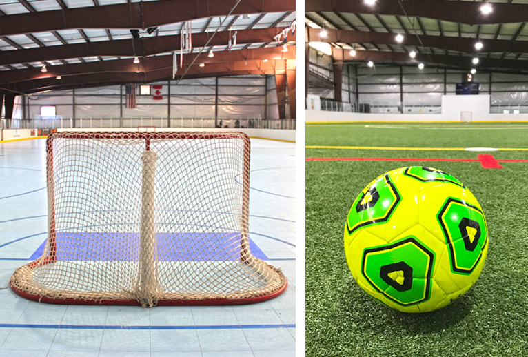 A sport court and artificial turf field in Foothills Fieldhouse.