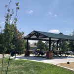 View of the park shelter in Chaucer Park showcasing a new tree planting and two people sitting under the shelter.