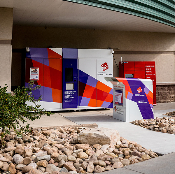 Jefferson County Library machines for rentals and returns placed outside of the Ridge Recreation Center.