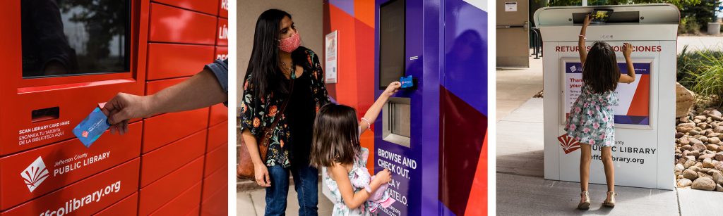 A series of images capturing people using the Jefferson County Public Library Holds Locker, Lending Machine and Returns Bin.