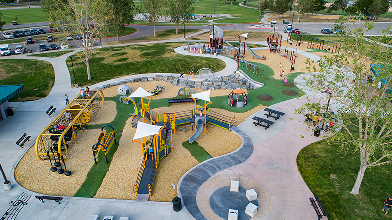 Overhead drone image of the Inclusive Playground in Clement Park