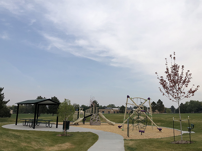 Playground features and park shelter in Valley View Park.