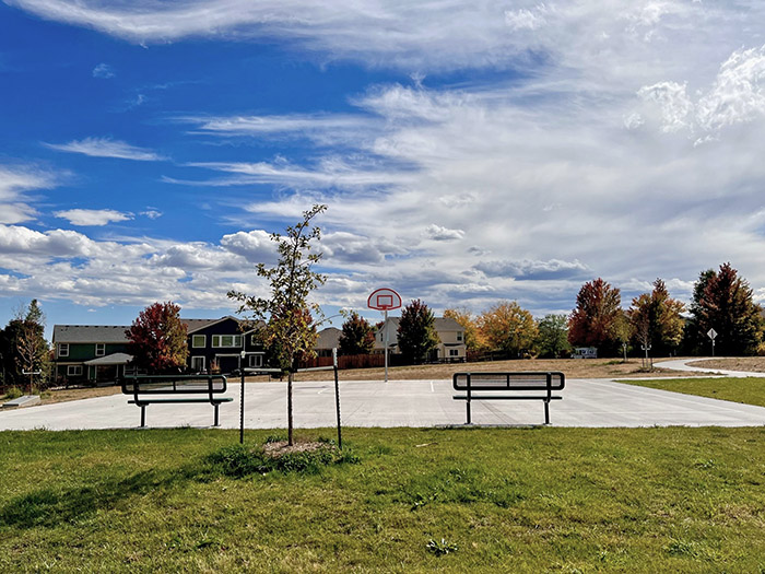 New basketball court and goal with park benches on one side.