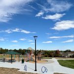 Alpers Farm Park displaying the playground, park shelters, new sidewalks, sod and tree planings.