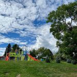 Distance shot of playground in Westfield Park with new tree plantings.