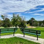 Park benches appointed on top of a hilly slope overlooking the playground.