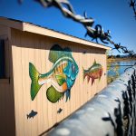 The side of a shed painted with a realistic looking cutthroat trout and blue gill fish