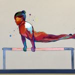 A colorful silhouette of a gymnast holding herself up on a bar