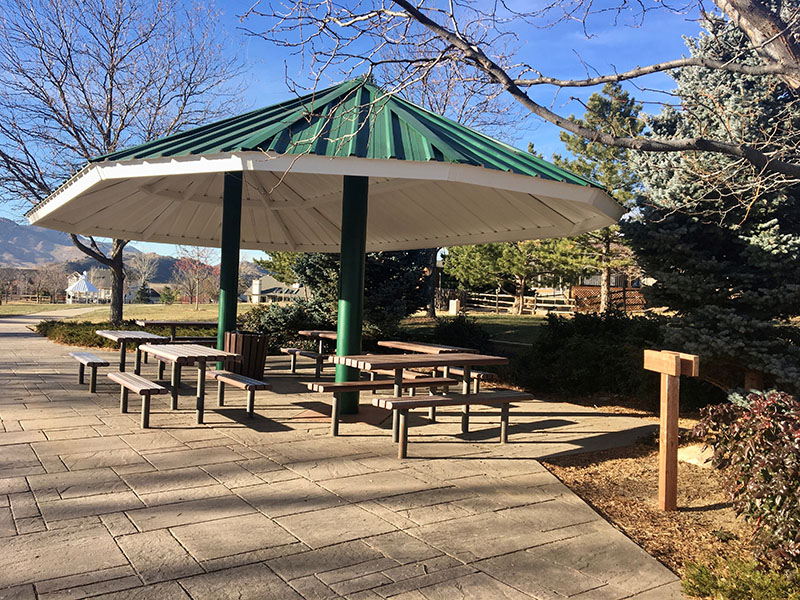 Picnic shelter with picnic tables and benches