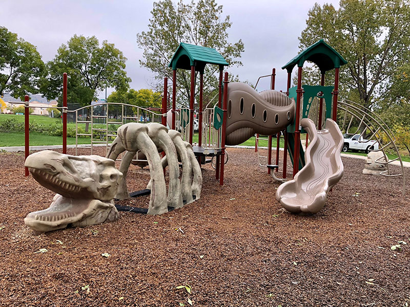 A dinosaur theme playground featuring skeleton climbing features