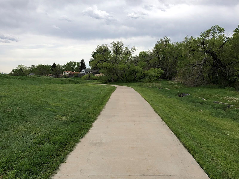 Grassy areas line a cement trail with large trees to one side