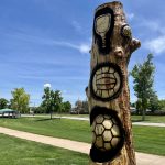 Tree carving artwork showcasing several different sports themed equipment.