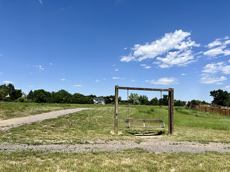 A crusher fines trail with grass and a bench swing