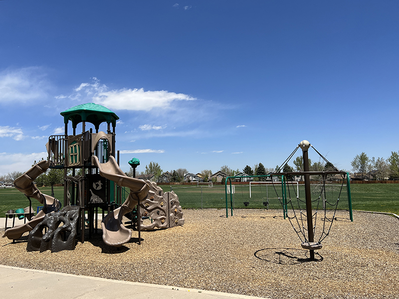A playground with two slides, climbing apparatuses and swings with green grass in the background