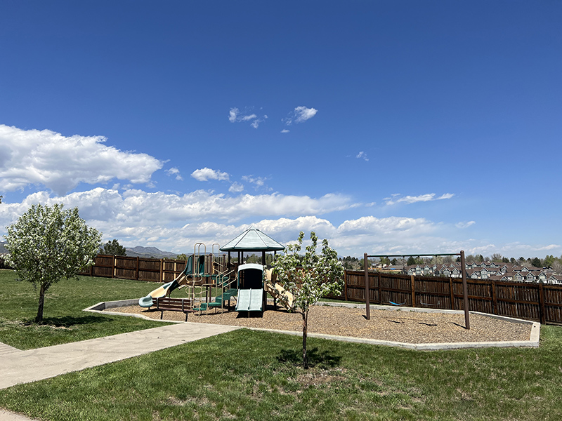 A small playground with slides, climbing apparatuses, and swings with green grass and flowering trees