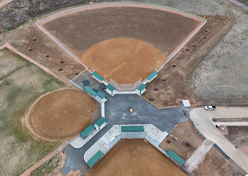 Aerial view of new, third ballfield added to the Easton Regional Park as well as improvements to the plaza between the three ball fields.