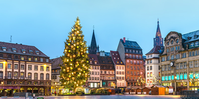 Panorama of Place Kleber with the Christmas Market in Strasbourg, France.