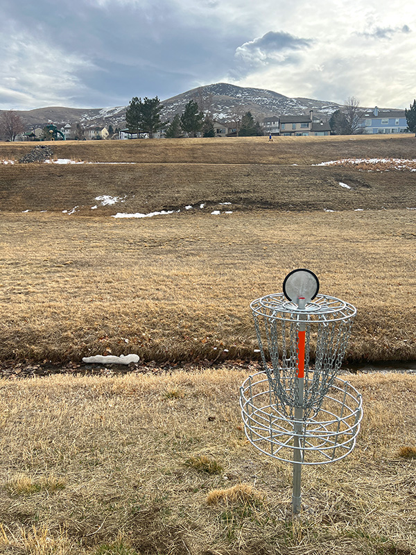 Disc golf basket on a portion of the course at Estates Park with a backdrop of the foothills.