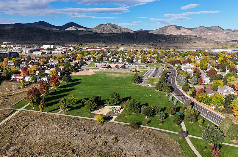 Arial view of Mossbrucker Park showing a playground and fields.