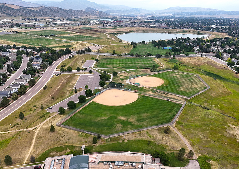 Arial of Easton Regional Park showing Hine Lake and several sports fields.