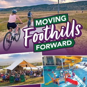 Biking trail, indoor swimming pool and outdoor concert with text that reads "Moving Foothills Forward".