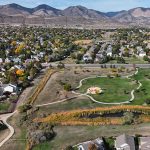 Aerial view of Sunrise Creek Playground with sidewalks and trails.