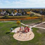 Aerial view of Sunrise Creek Playground with sidewalks and trails.